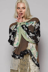 POL Button Detail Floral Patchwork Crochet Sleeve Blouse CHARCOAL OutfitFlow